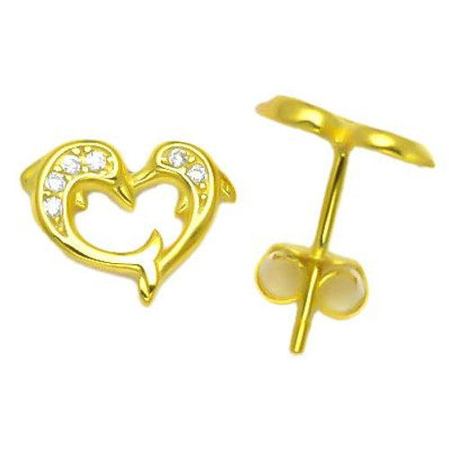 Ohrstecker mit Delphin-Herz aus 925er Sterlingsilber, 14K vergoldet mit Zirkonia