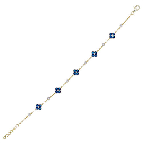 925 Silver 14ct Gold Plated Cubic Zirconia Set Clover Bracelet Blue – detail view
