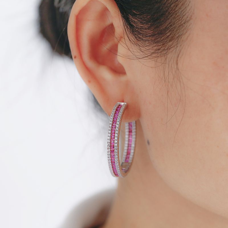 925 Silver Red & White Cubic Zirconia Set Hoop Earrings 18mm