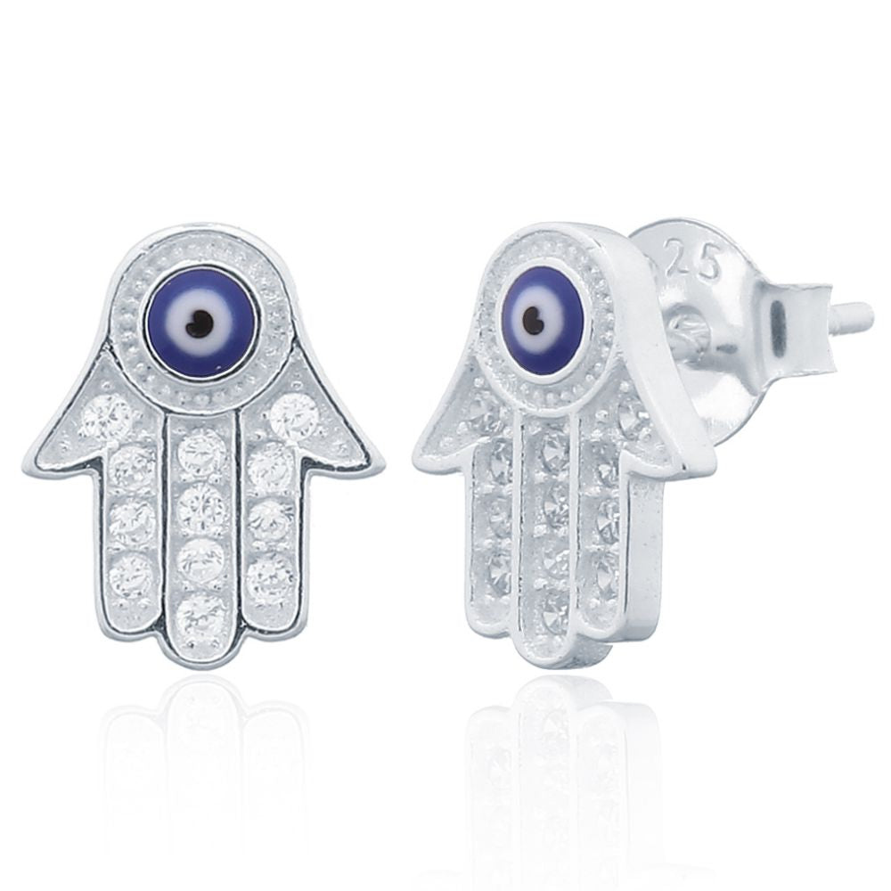 925 Silver Cubic Zirconia Set Hamsa Earrings (AES156) – product view