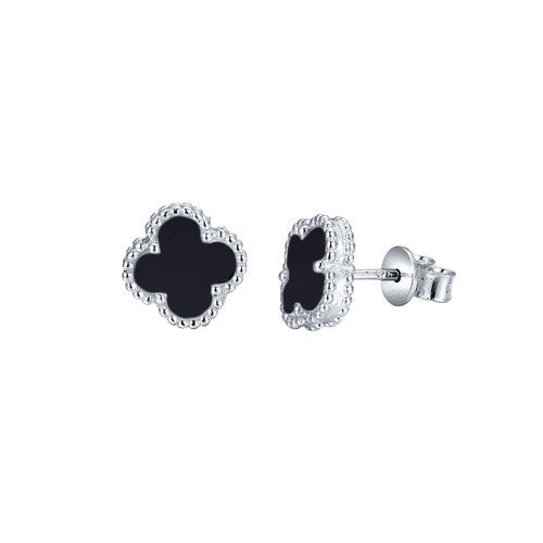 925 Silver Rhodium Clover Stud Earrings Onyx – Imperial Time