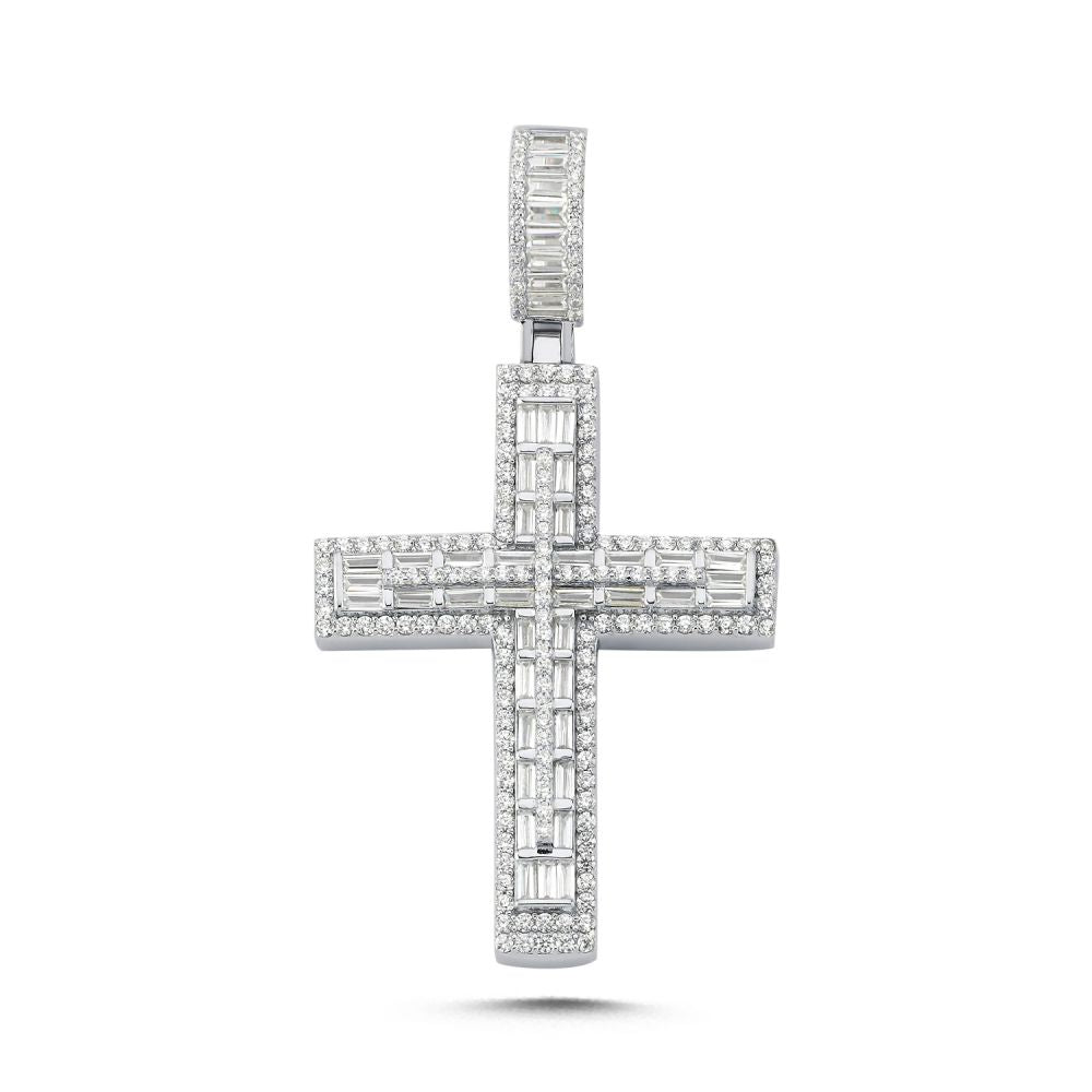 925 Silver Large Cubic Zirconia Brilliant and Baguette Cut Cross – Imperial Time