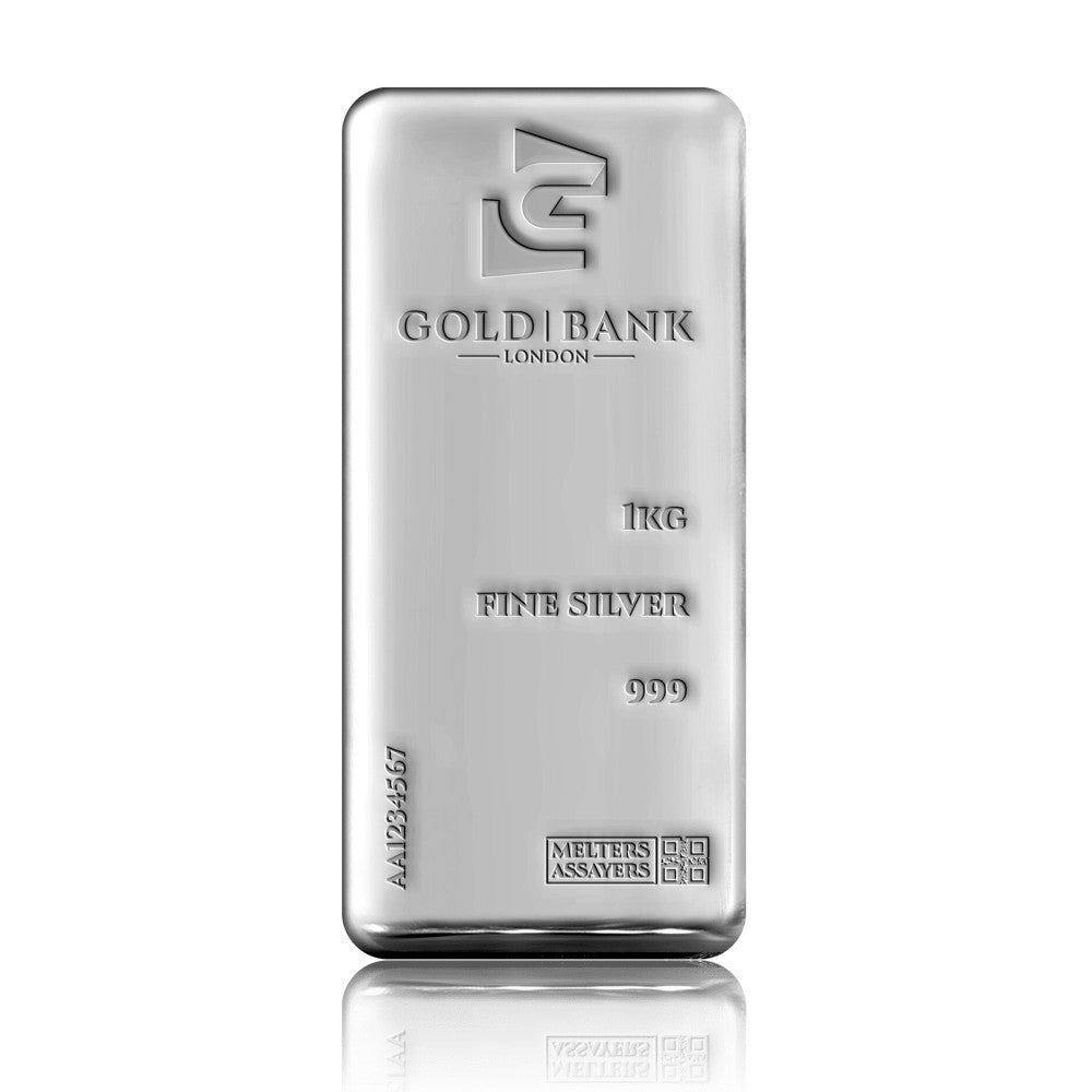Silver bar with 'Gold Bank London' branding on a white background