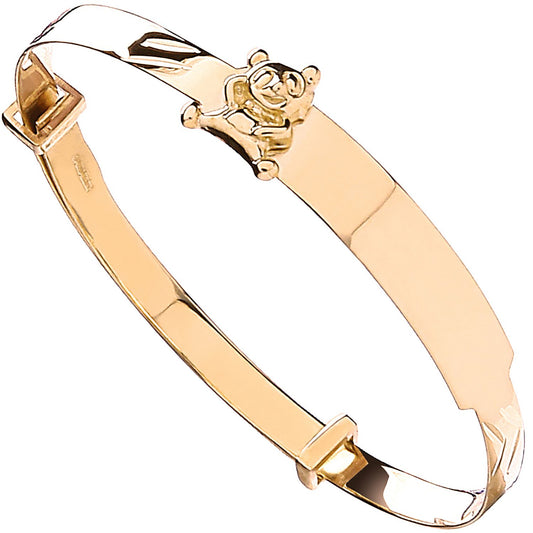Yellow Gold Expandable Baby Id Bangle With Teddy On Id