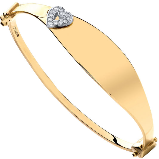 Yellow Gold Oval Id With Cubic Zirconia Heart Baby Bangle