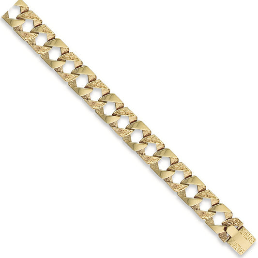 Yellow Gold 15mm Plain & Patterned Casted Curb Bracelet