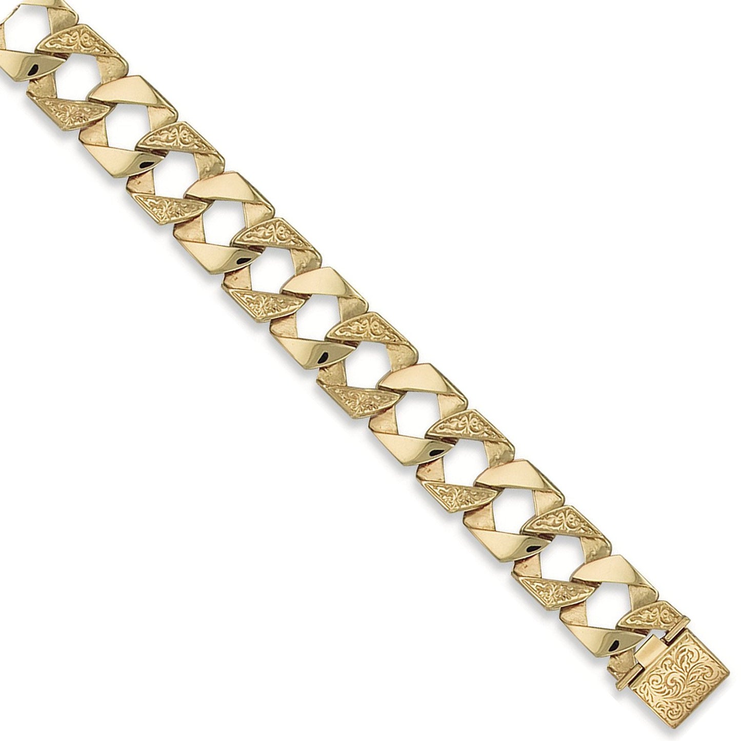 Yellow Gold 17mm Plain & Patterned Casted Curb Bracelet