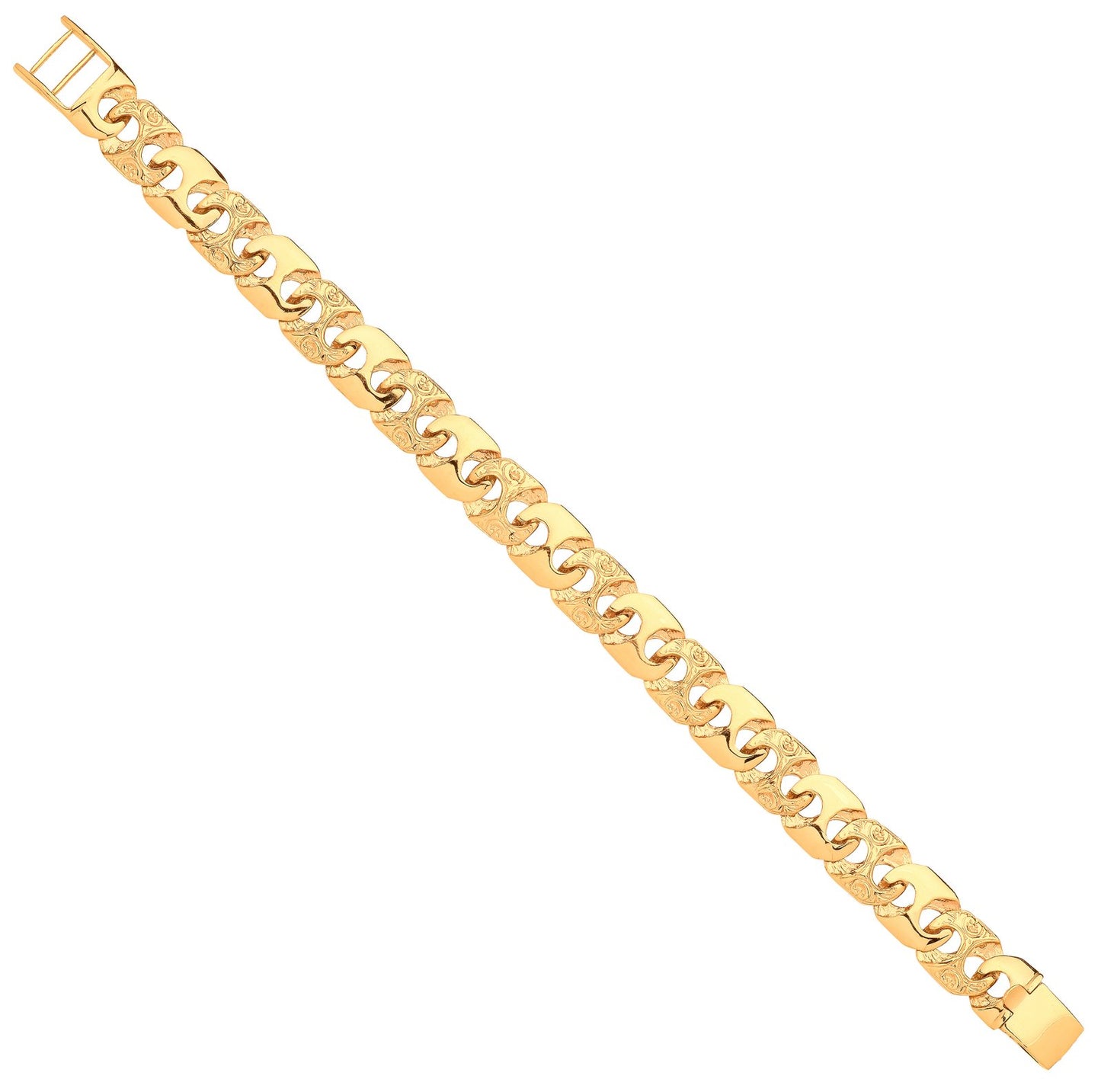 Yellow Gold 12mm Plain & Engraved Anchor Link Gents Bracelet