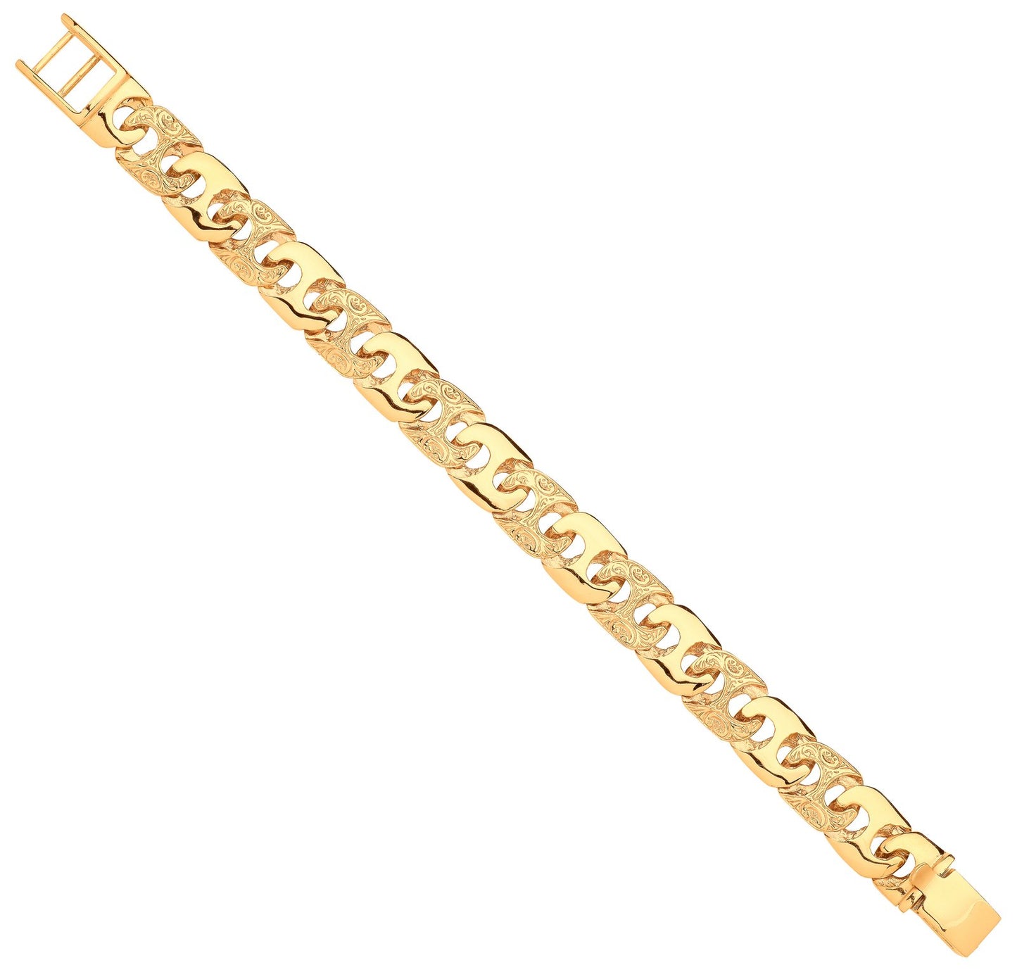 Yellow Gold 14mm Plain & Engraved Anchor Medium Link Gents Bracelet