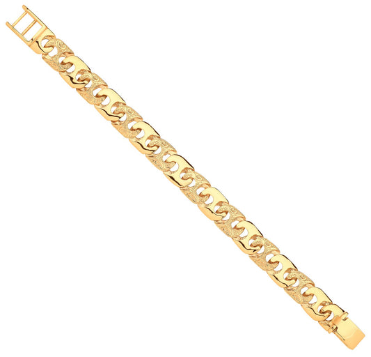Yellow Gold 14mm Plain & Engraved Anchor Medium Link Gents Bracelet