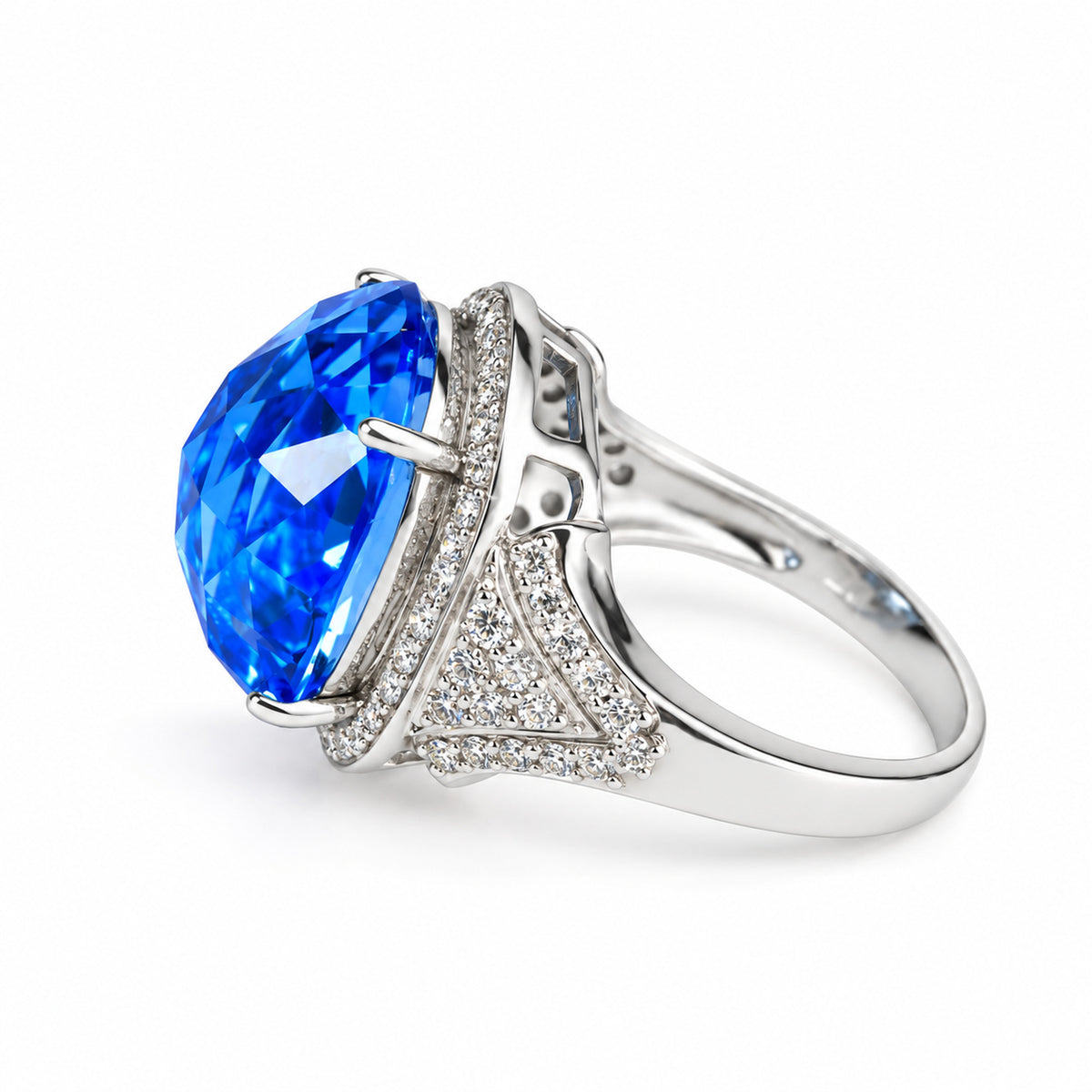 18ct White Gold Oval Blue Topaz & Diamond Halo Cocktail Ring