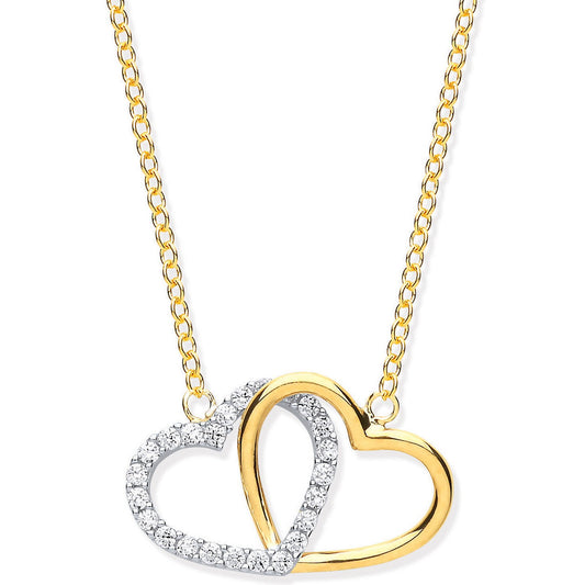 Yellow & White Gold Plain And Cubic Zirconia Joined Hearts Pendant On 18" Chain