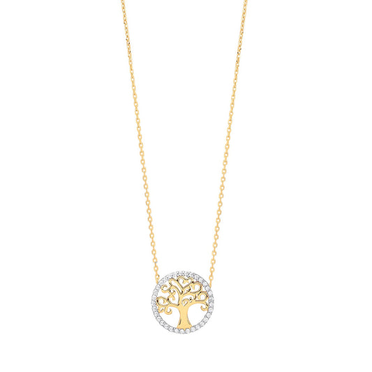 Yellow Gold Tree Of Life Cubic Zirconia, 18" Necklace