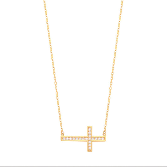 Yellow Gold Cubic Zirconia Cross 17" Chain