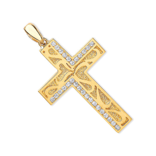 Yellow Gold Cubic Zirconia Cross With Design