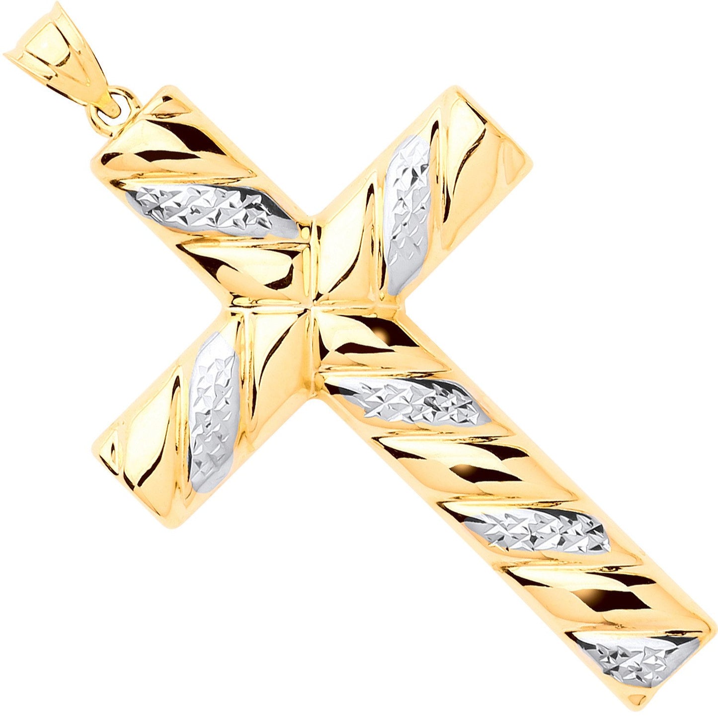 Yellow & White Gold Large Hollow Tube Ribbed Cross