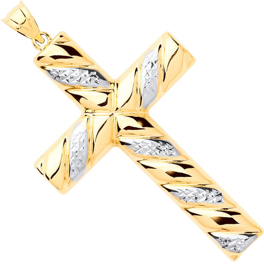 Yellow & White Gold Large Hollow Tube Ribbed Cross