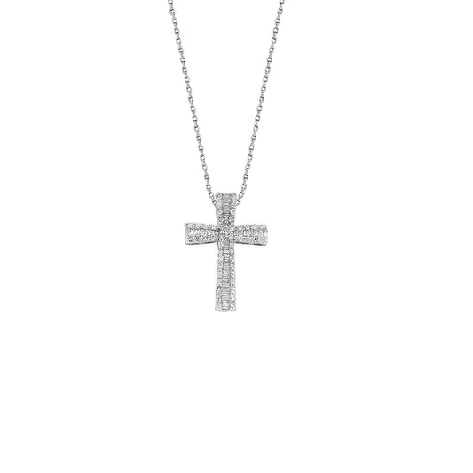 9ct White Gold 0.50ct Brilliant & Baguette Cut Diamond Cross Pendant with 18in/45cm Chain - F – Luxury Jewellery by Im