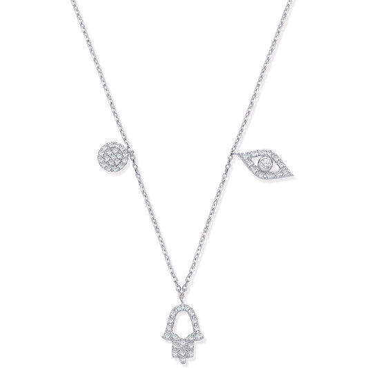 9ct White Gold 0.22ctw Evil Eye, Hamsa & Circle Pendant (18in/45cm) Chain - Fine Necklace – Luxury Jewellery by Imperi