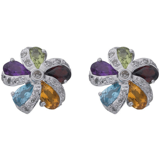 9ct White Gold 0.12ct Diamond & Multi Colour Gems Flower/Cluster Earrings - Fine Ring – Luxury Jewellery by Imperial T
