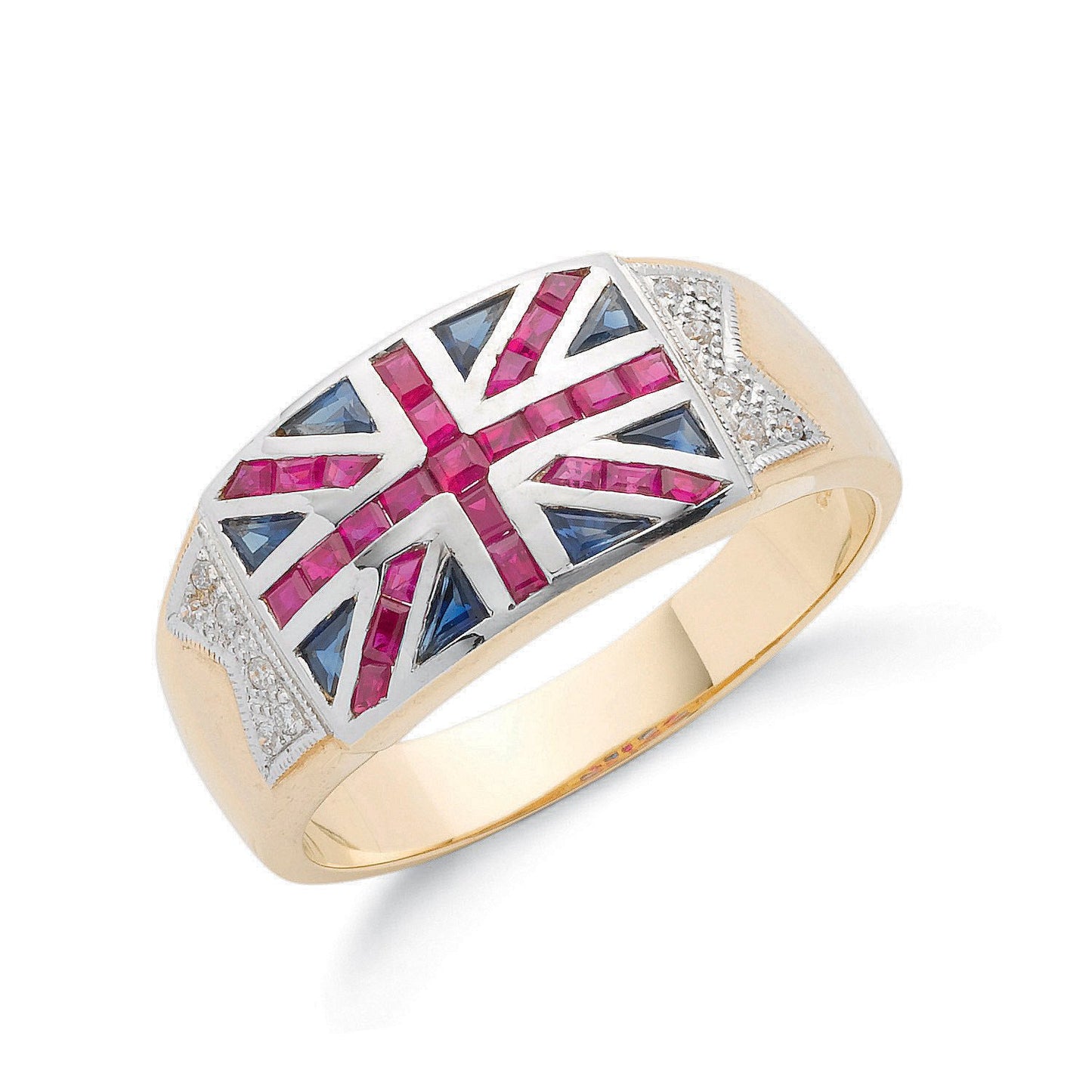 9ct Yellow Gold 0.06ct Diamond 0.30ct Blue Sapphire &1.00ct Ruby Union Jack Ring - Fine Ring – Luxury Jewellery by Imp