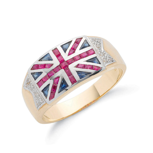 9ct Yellow Gold 0.06ct Diamond 0.30ct Blue Sapphire &1.00ct Ruby Union Jack Ring - Fine Ring – Luxury Jewellery by Imp