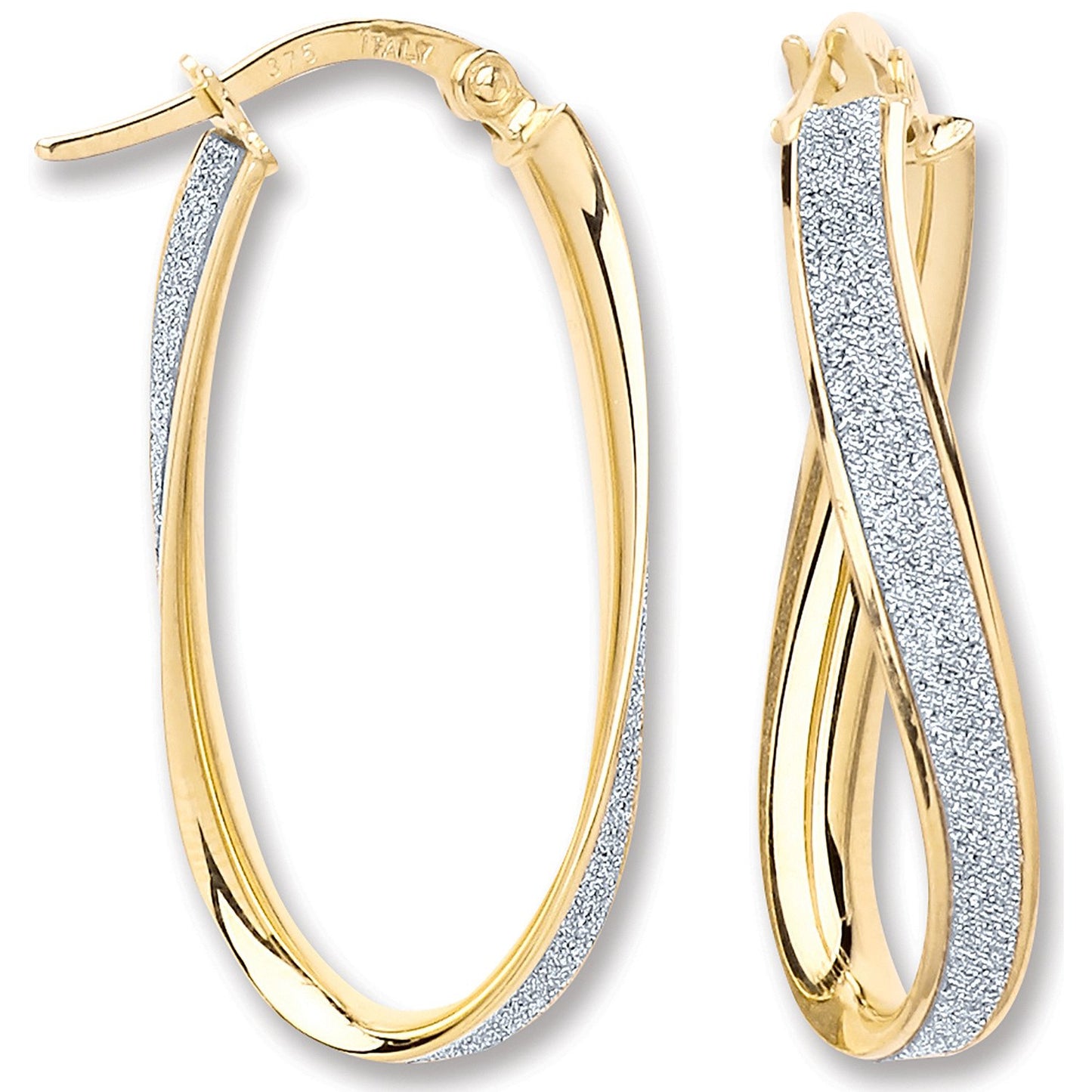 Yellow Gold Glitter Oval Twist Hoop Earrings