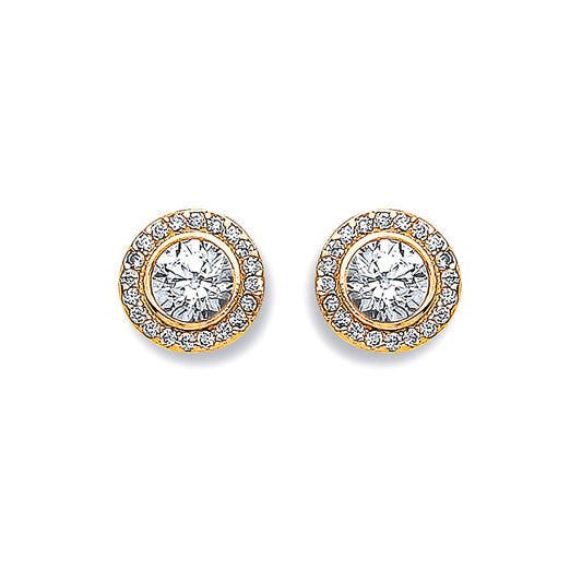 Yellow Gold 9mm Halo Cubic Zirconia Stud