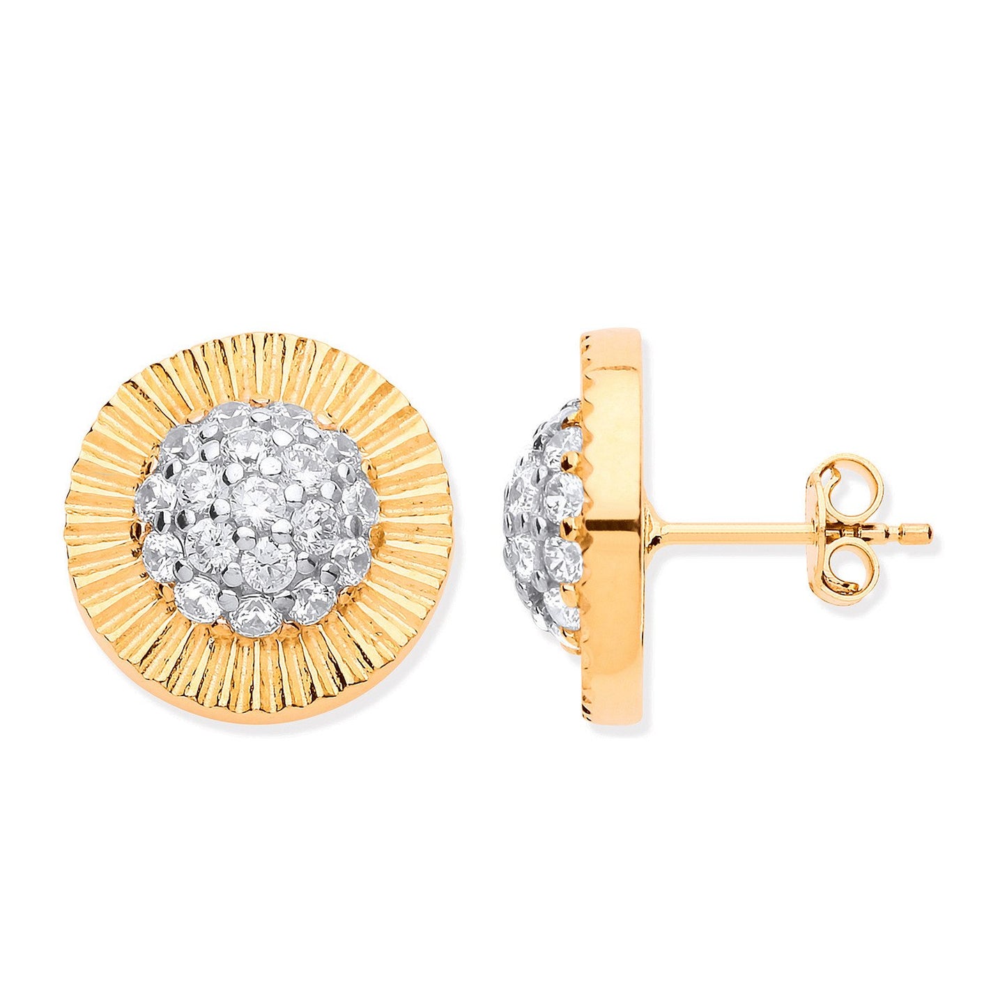 Yellow Gold 15mm Large Round Cubic Zirconia Stud Earrings