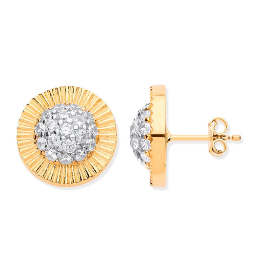 Yellow Gold 15mm Large Round Cubic Zirconia Stud Earrings