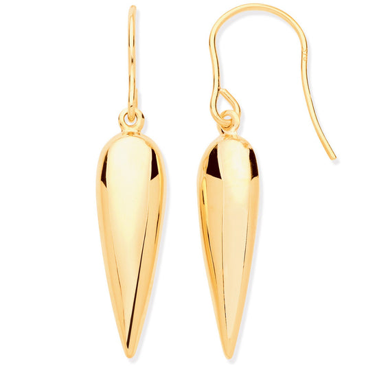 Yellow Gold Elongated Drop, Fish Hook Earrings
