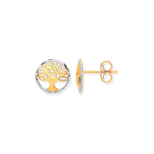 White & Yellow Gold 10mm Tree Of Life Stud Earrings