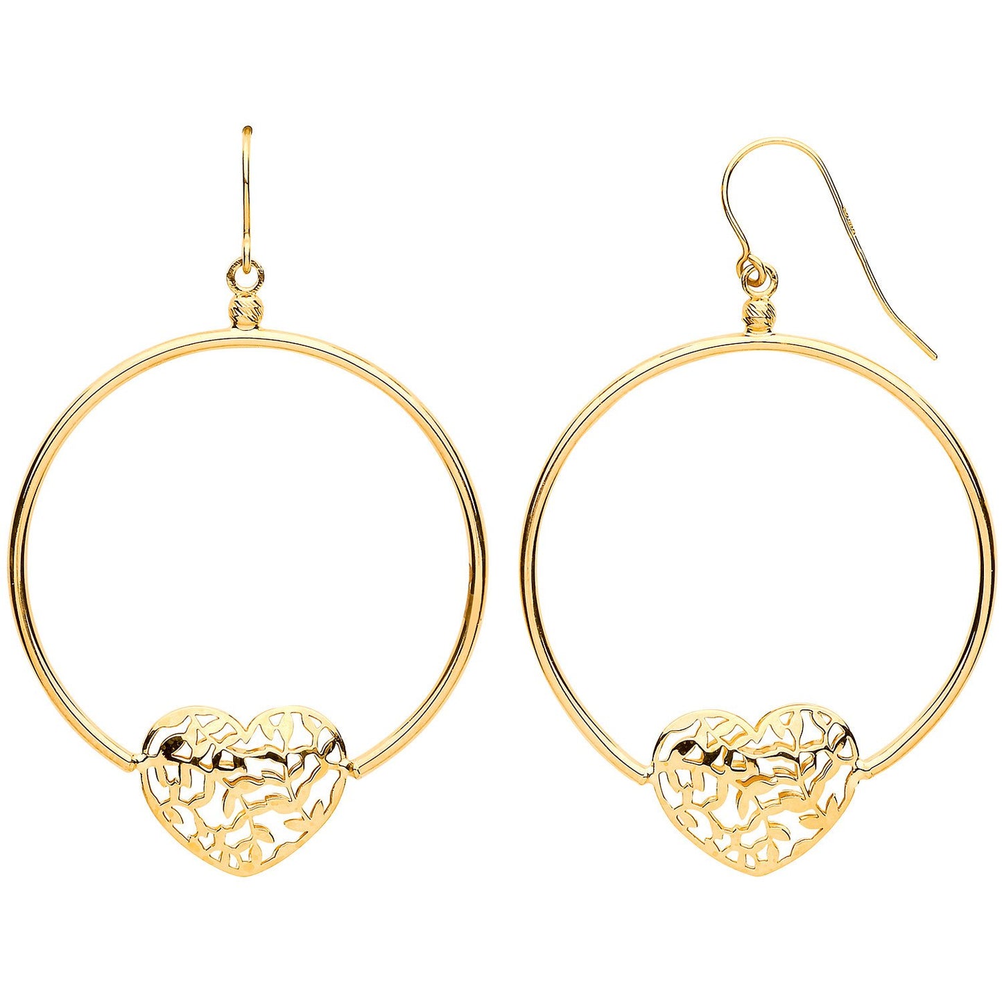 Yellow Gold Round Tube, Filigree Heart, Hook Style Earrings