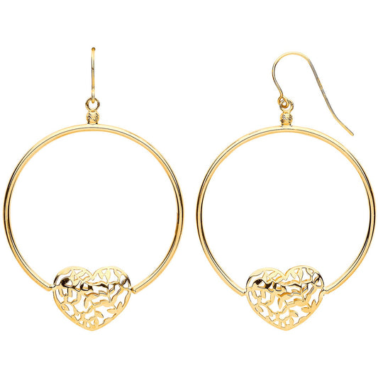 Yellow Gold Round Tube, Filigree Heart, Hook Style Earrings