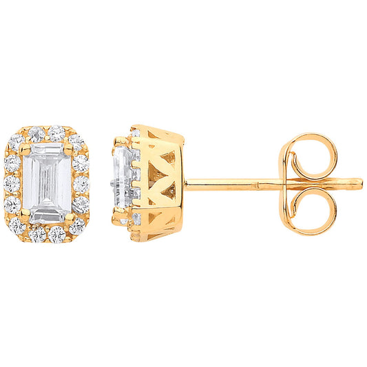 Yellow Gold Baguette Halo Stud Earrings