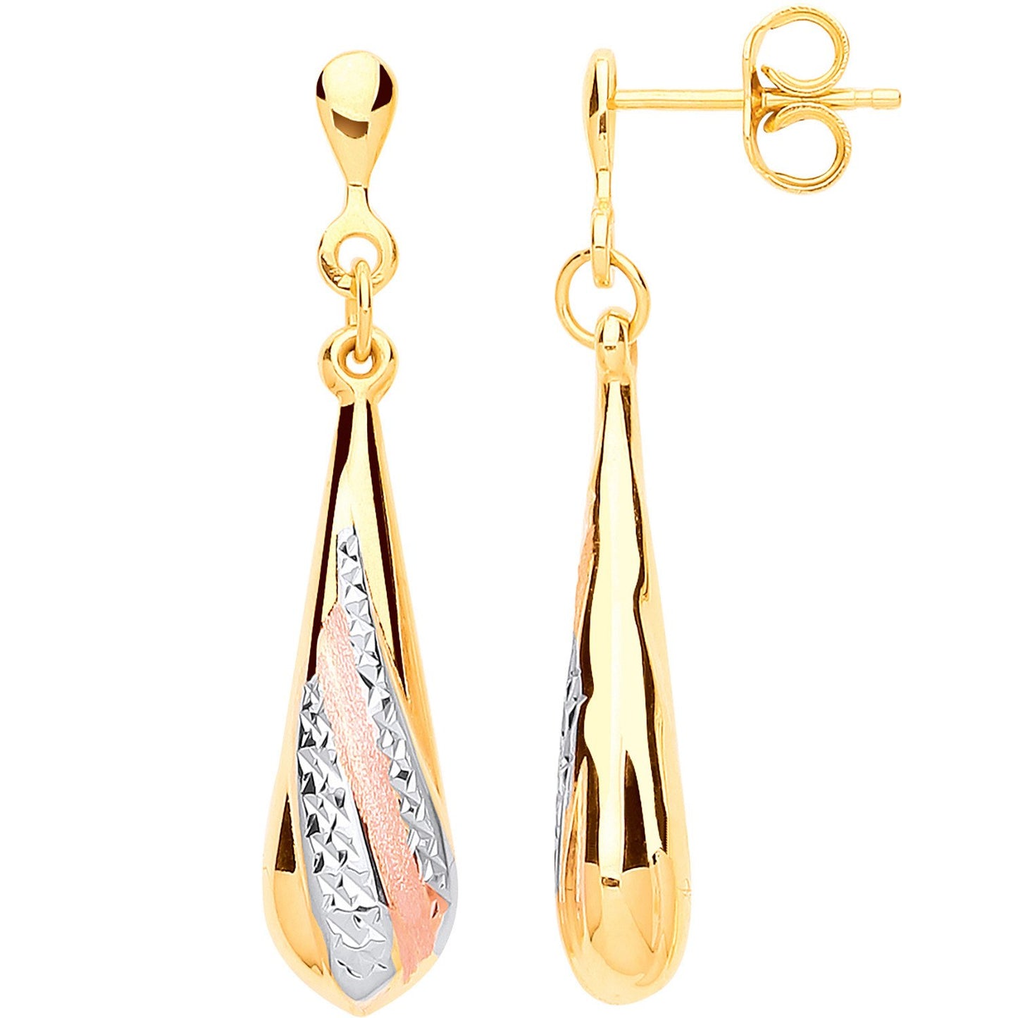 Yellow Gold, Rose Gold Satin Finish, White Gold Ribbed Drop Earrings