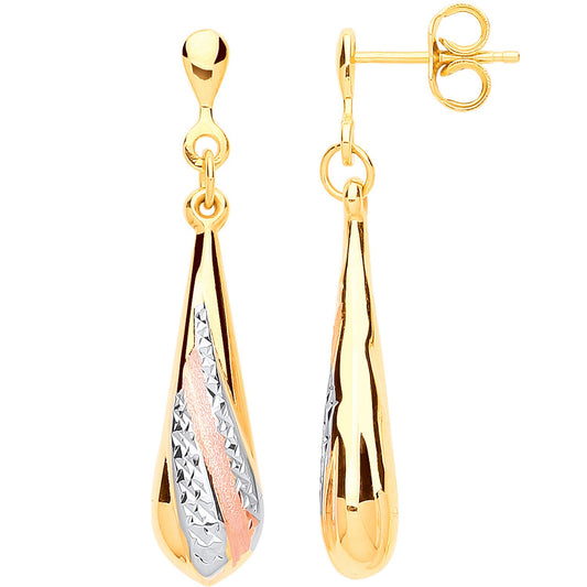 Yellow Gold, Rose Gold Satin Finish, White Gold Ribbed Drop Earrings