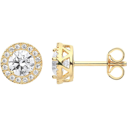 Yellow Gold 8mm Round Cubic Zirconia Halo Stud Earrings