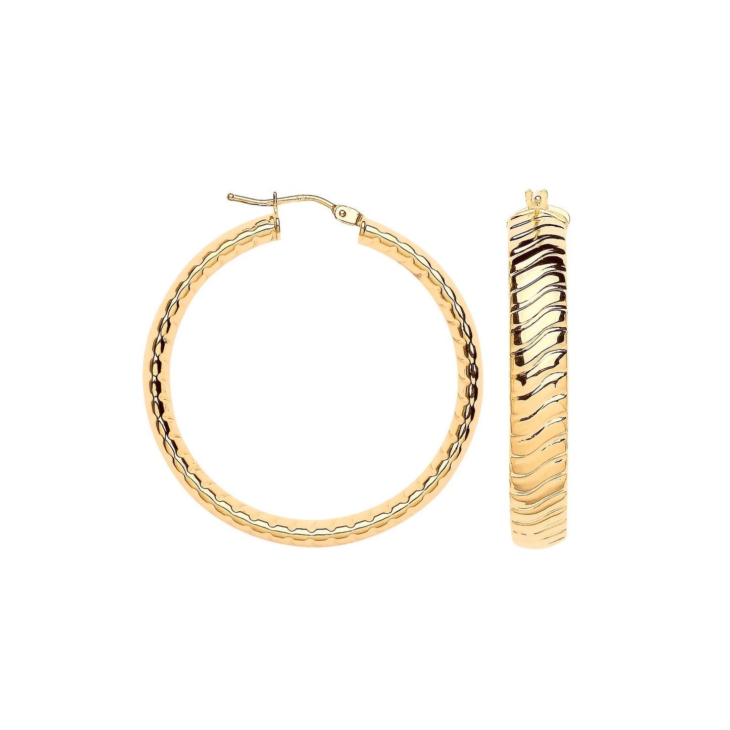 Yellow Gold 36mm Wavy Ribbed Hoop Earrings