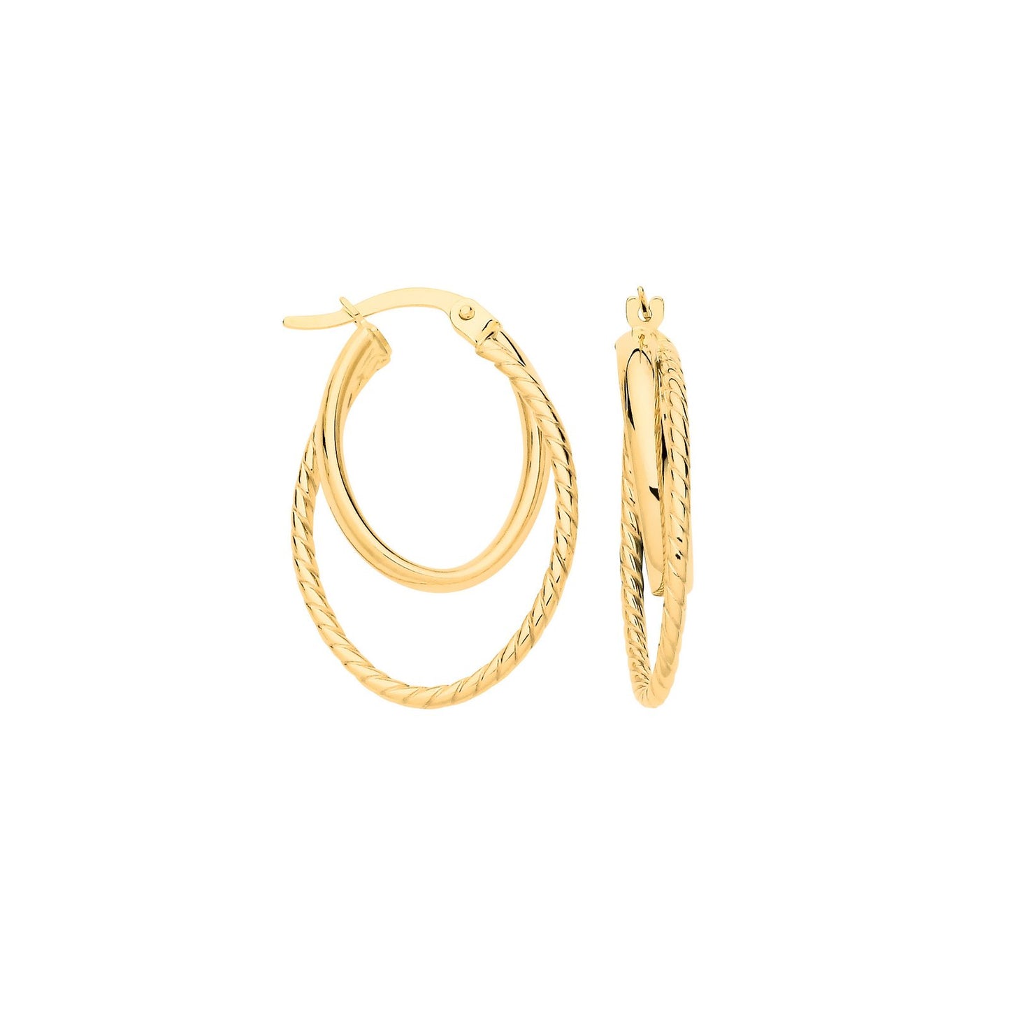 Yellow Gold Plain & Twisted Oval Hoop Earrings