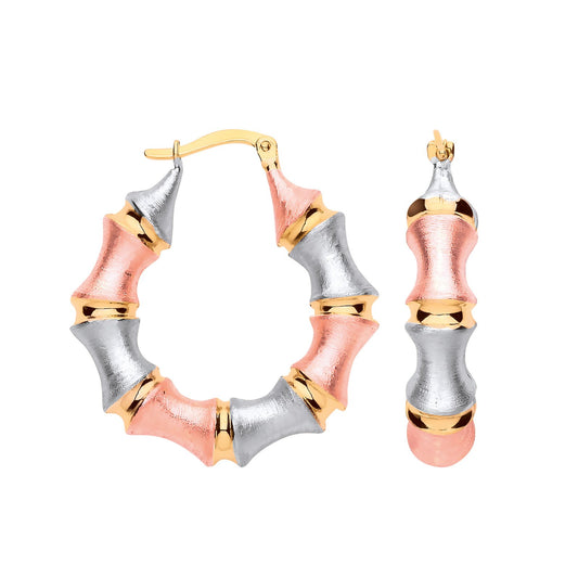Yellow Gold Three Colour Bamboo Frosted Hoops