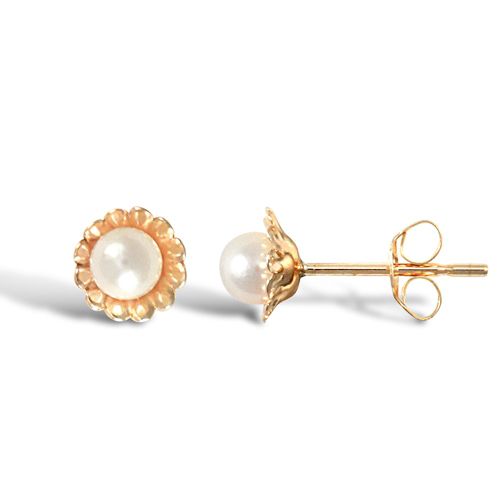 9ct yellow gold crimped edged flower stud earrings with inset pearl – Imperial Time