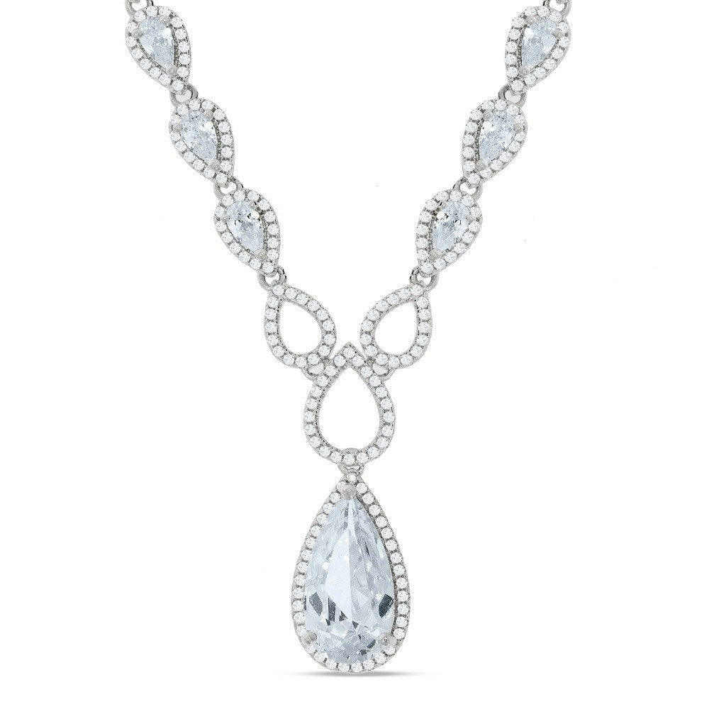 Silver Pear Shaped Drop Set Clear Cubic Zirconia's Necklace 18" - Fine Necklace - Certified A – Luxury Jewellery by Im
