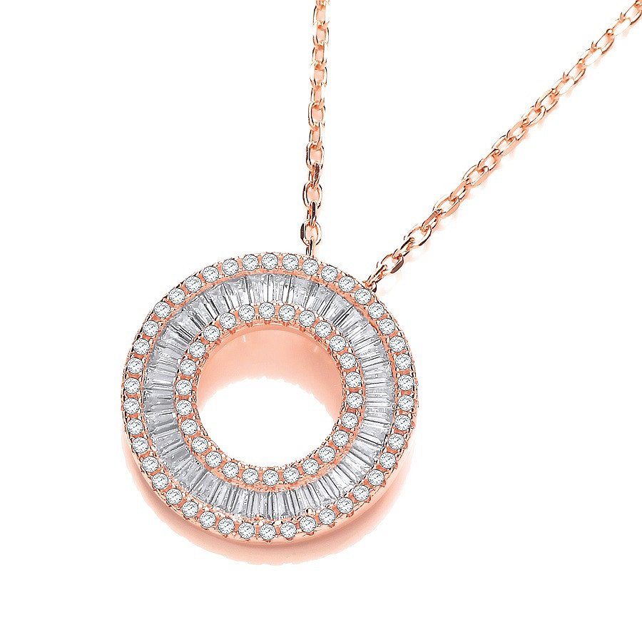 Rose Coated Silver Circle of Life Baguettes & Round Cubic Zirconia 17" Necklace - Fine Neckla – Luxury Jewellery by Im
