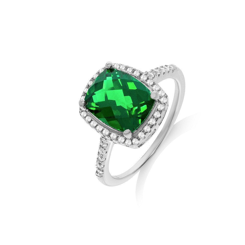 Micro Pave Emerald Colour Centre Silver Cubic Zirconia Ring - Fine Ring - Certified Authentic – Luxury Jewellery by Im