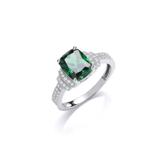 Emerald Cut Green Cubic Zirconia Centre with Clear Cubic Zirconia on Shoulder Silver Ring - F – Luxury Jewellery by Im