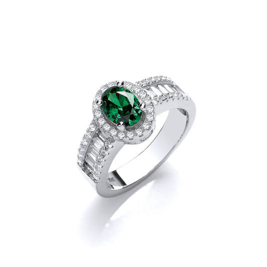 Oval Green Cubic Zirconia with Baguette & Round Cubic Zirconias on Shoulder Silver Ring - Fin – Luxury Jewellery by Im