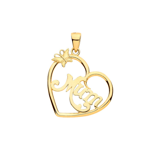 Yellow Gold Mum Heart Butterfly Cut Out Pendant