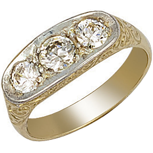 Yellow Gold Gents 3 Stone Cubic Zirconia Ring