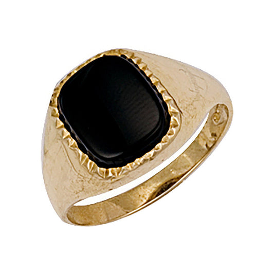Yellow Gold Plain Cushion Black Stone Ring